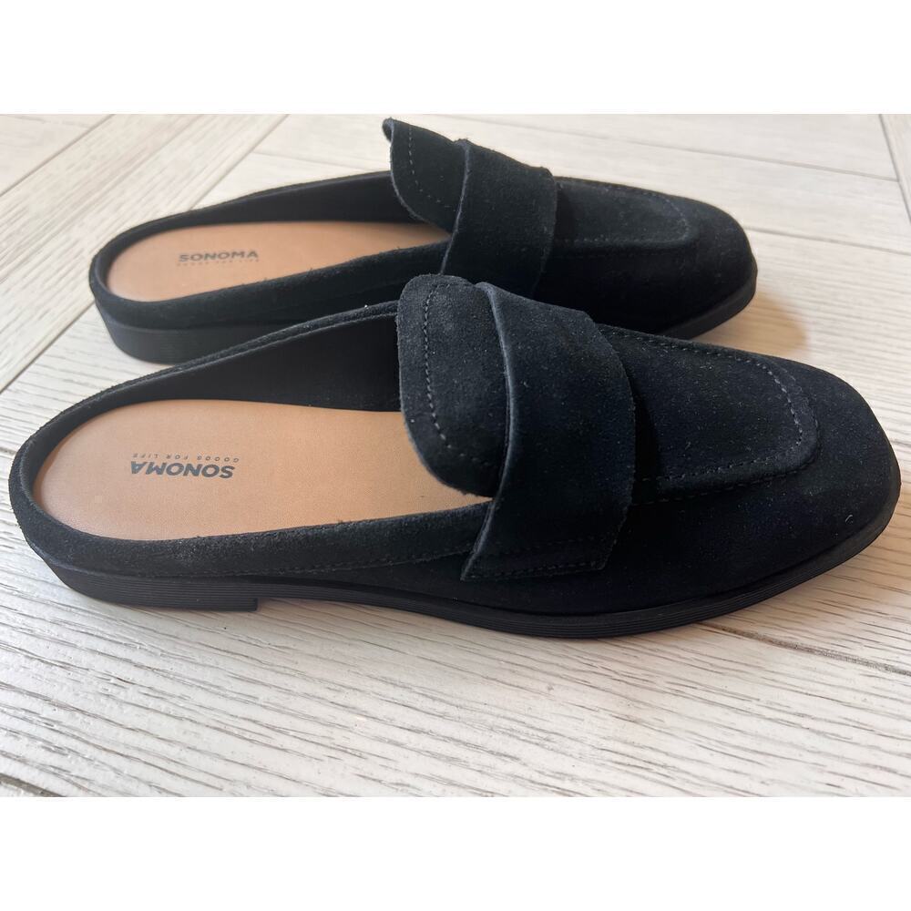 Sonoma New w/box ladies black suede loafer mules. Square toe. Size 7.5